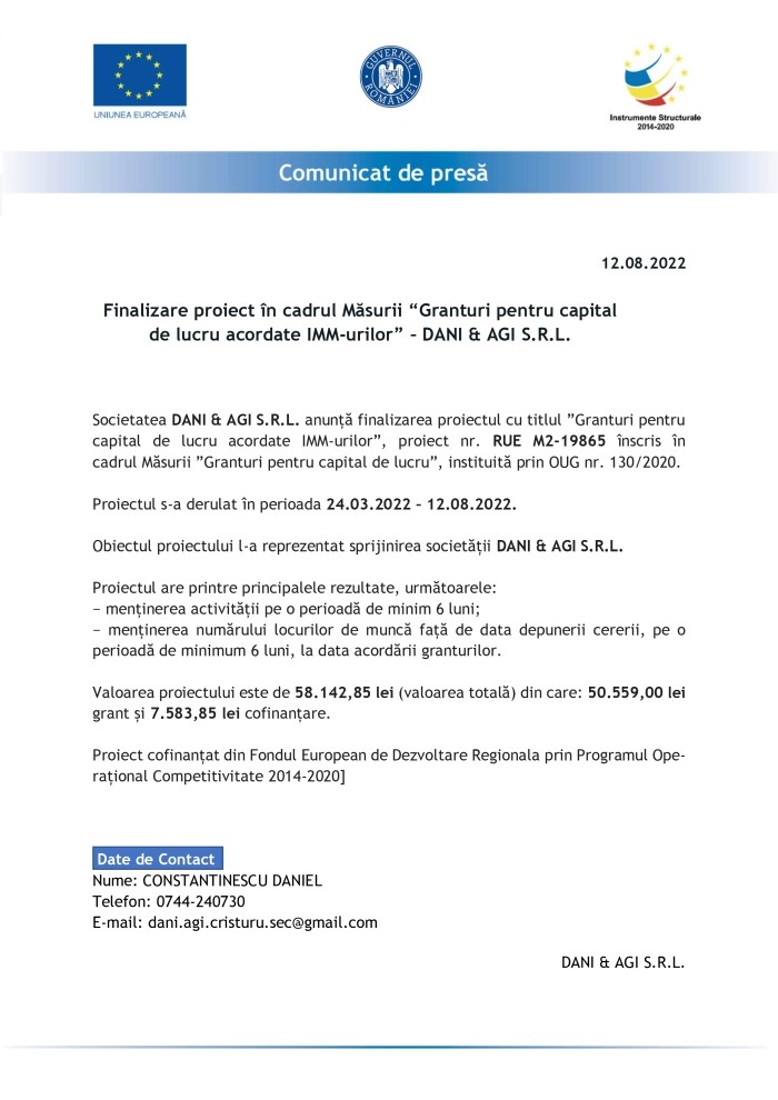 Comunicat de presă DANI & AGI SRL