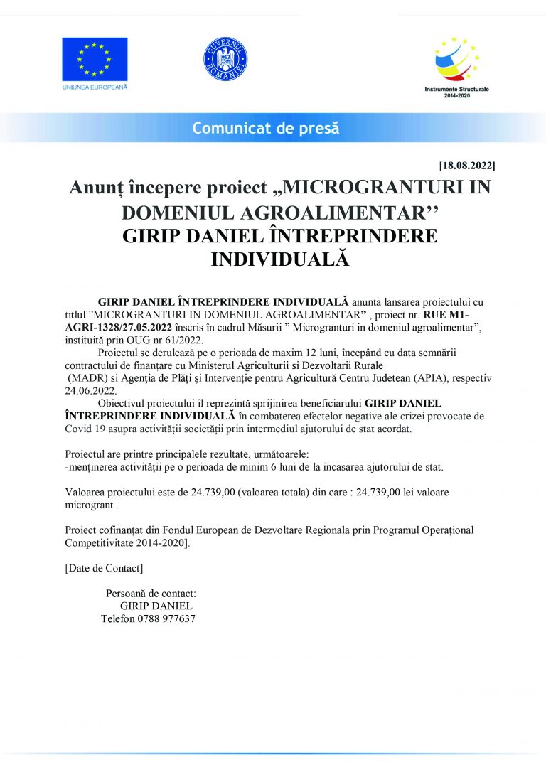 Comunicat de presă GIRIP DANIEL ÎNTREPRINDERE INDIVIDUALĂ