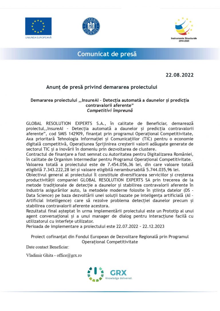 Comunicat de presă GLOBAL RESOLUTION EXPERTS SA
