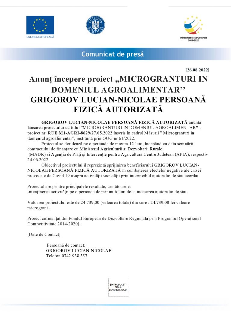 Comunicat de presa GRIGOROV LUCIAN-NICOLAE PERSOANĂ FIZICĂ AUTORIZATĂ