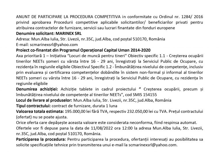 Anunț de participare MARINEX SRL