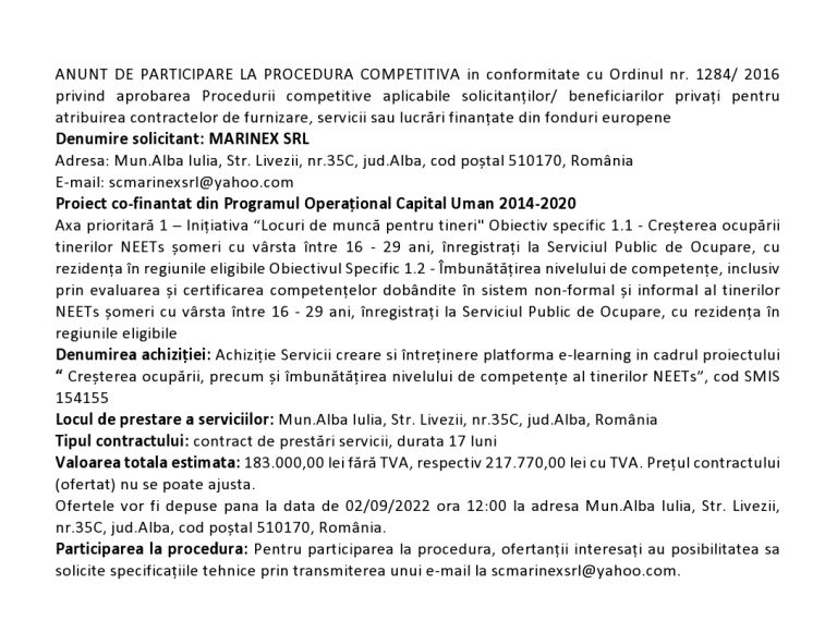 Anunț de participare MARINEX SRL