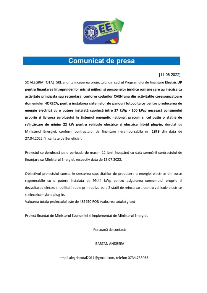 Comunicat de presă SC ALEGRIA TOTAL SRL