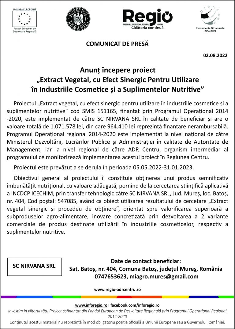Comunicat de presă SC NIRVANA SRL
