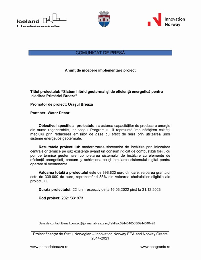 Comunicat de presă Orașul Breaza