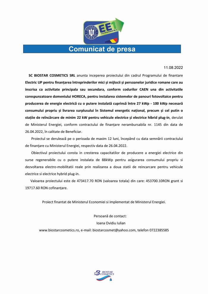 Comunicat de presă SC BIOSTAR COSMETICS SRL