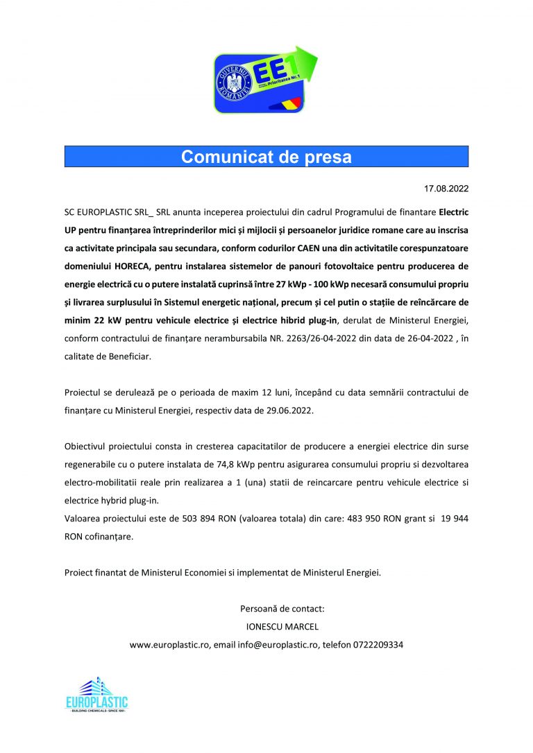 Comunicat de presă EUROPLASTIC SRL