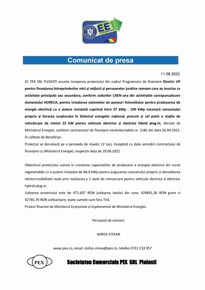 Comunicat de presă SC PEX SRL