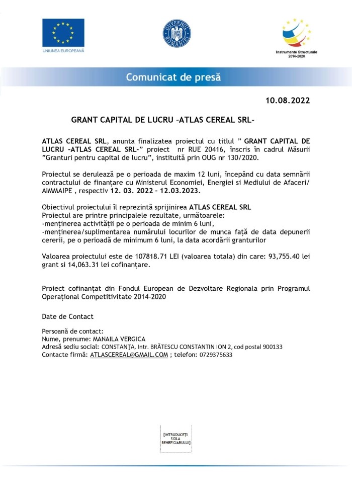 Comunicat de presă Atlas Cereal SRL