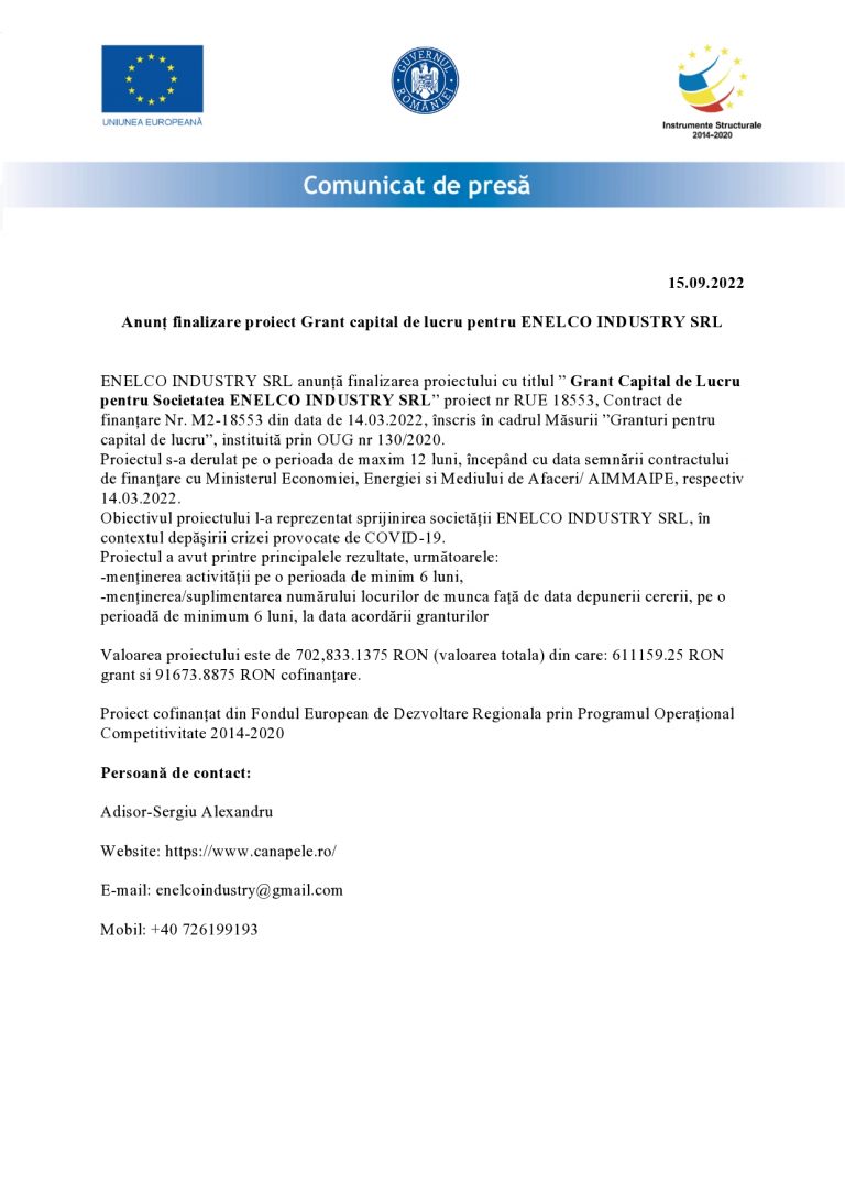 Anunț finalizare proiect Grant capital de lucru pentru ENELCO INDUSTRY SRL