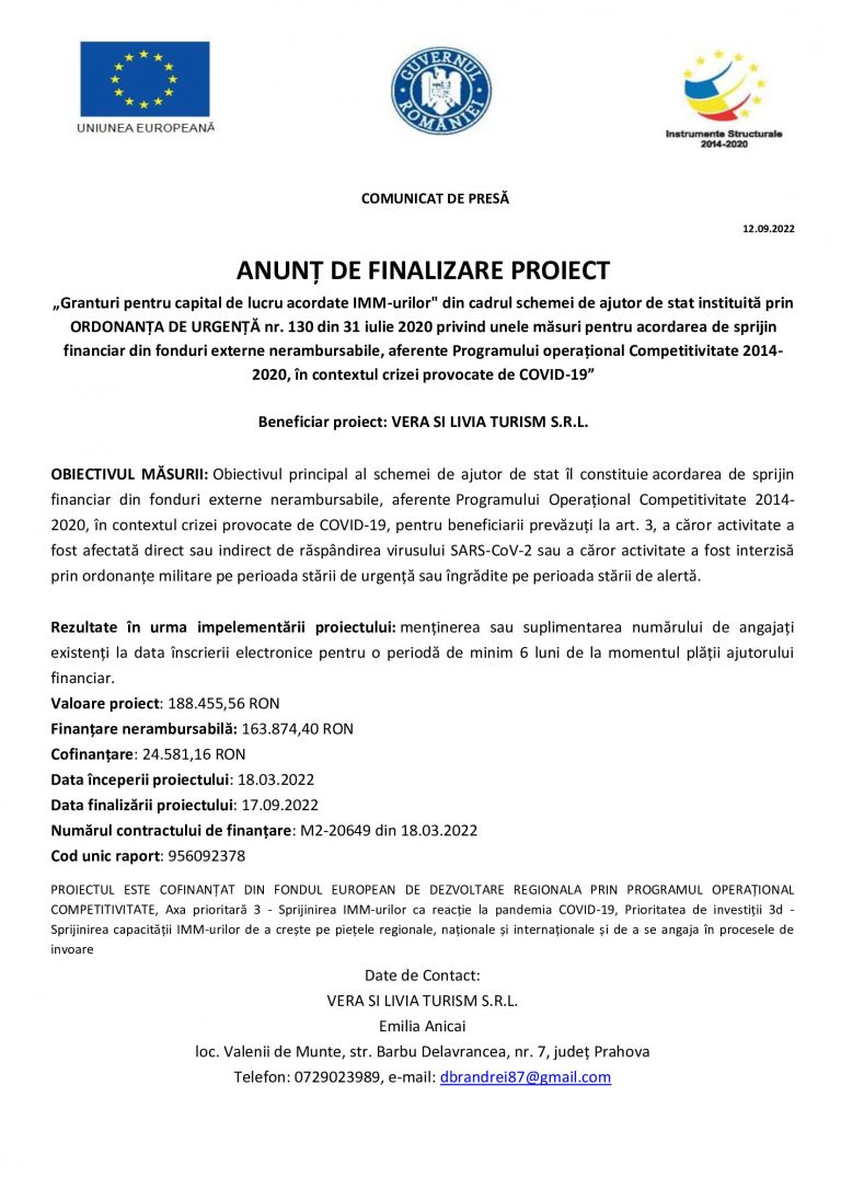 Anunt finalizare proiect Vera si Livia Turism SRL
