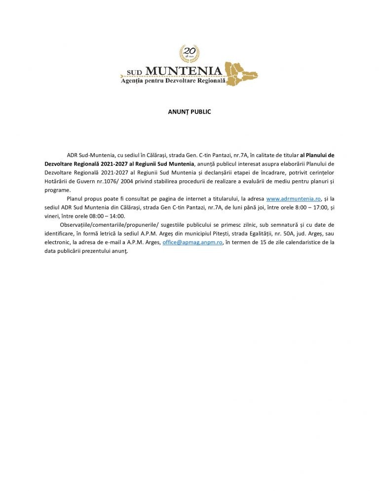Anunț public ADR Sud Muntenia
