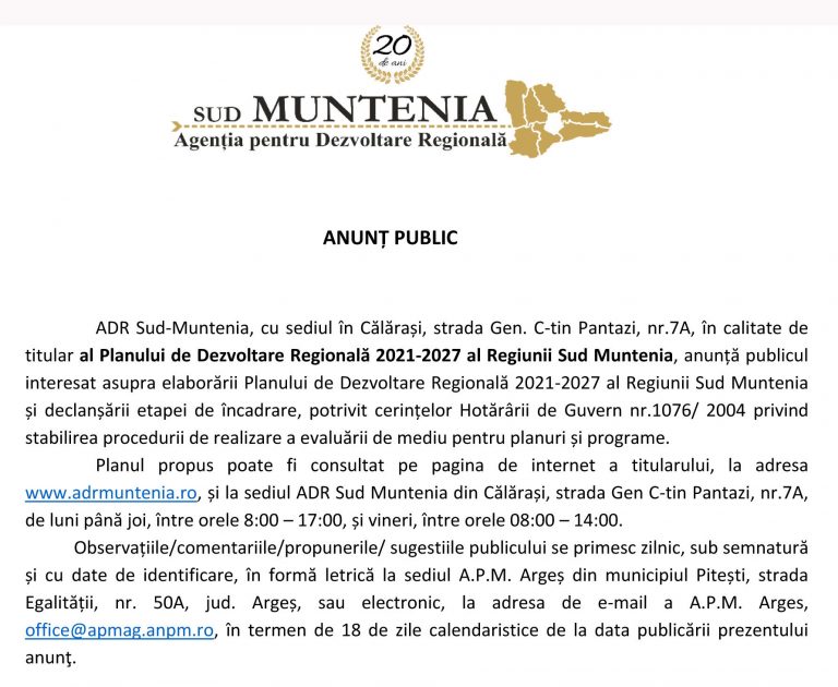 Anunt public ADR Sud Muntenia