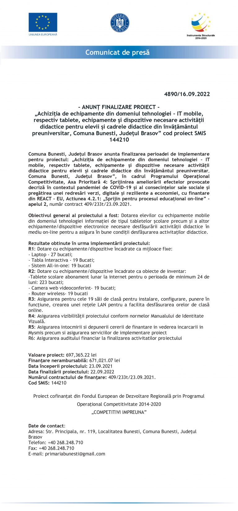 Comunicat de presă COMUNA BUNESTI – COMUNICAT FINALIZARE