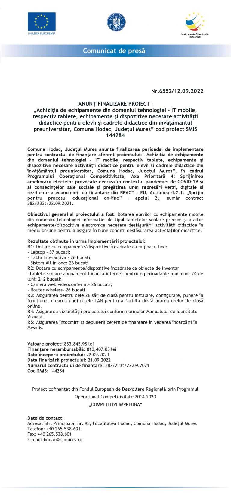 Comunicat de presă Comuna Hodac
