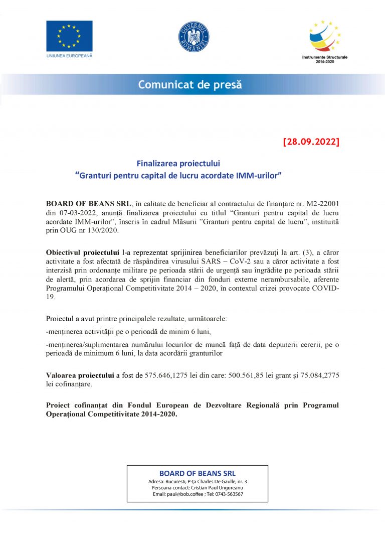 Comunicat de presă BOARD OF BEANS SRL