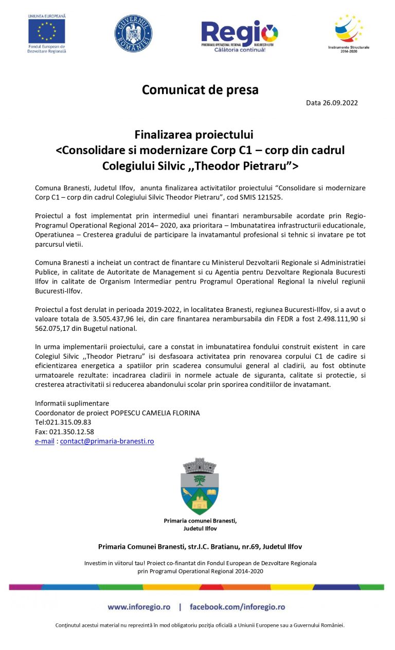 Comunicat de presa Colegiul Silvic ,,Theodor Pietraru” Branesti