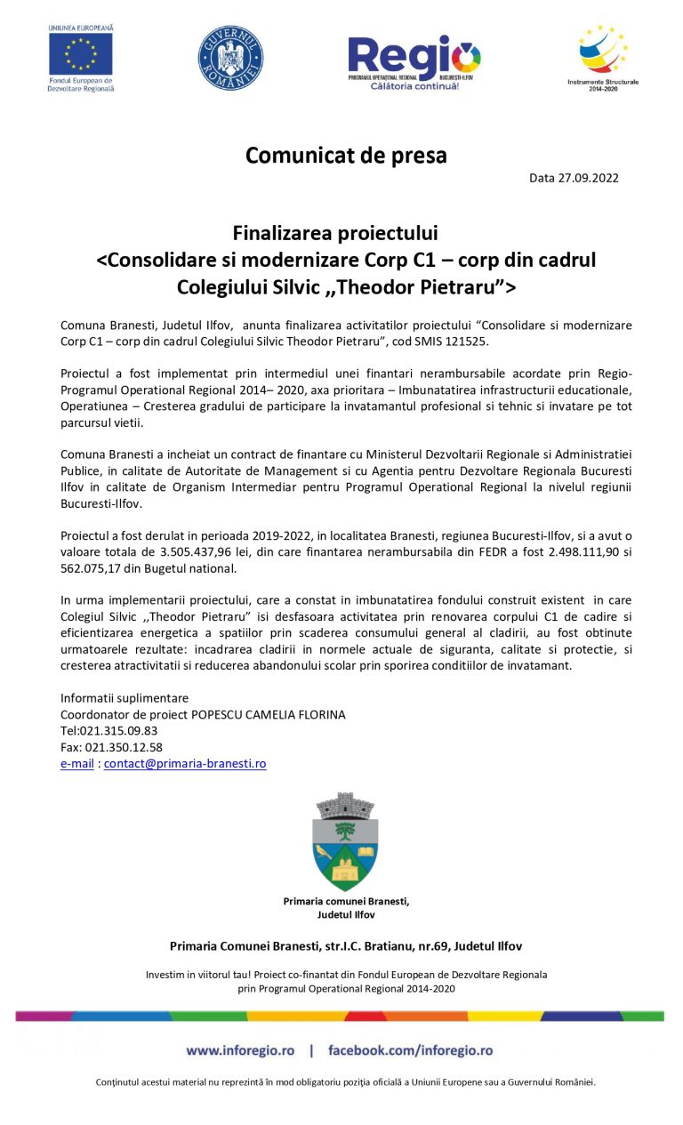 Comunicat de presa Colegiul Silvic ,,Theodor Pietraru” Branesti
