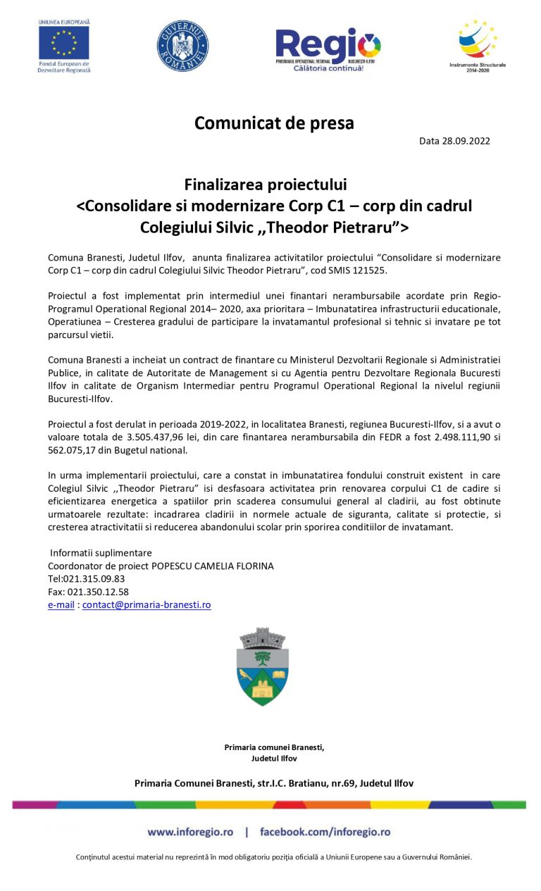 Comunicat de presa Colegiul Silvic ,,Theodor Pietraru” Branesti