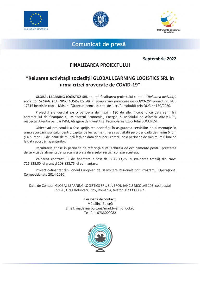 Comunicat de presă  GLOBAL LEARNING LOGISTICS SRL