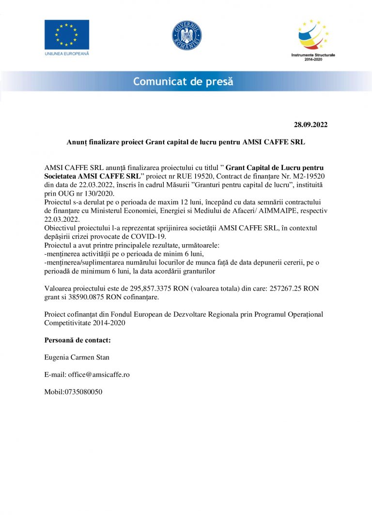 Comunicat de presă AMSI CAFFE SRL