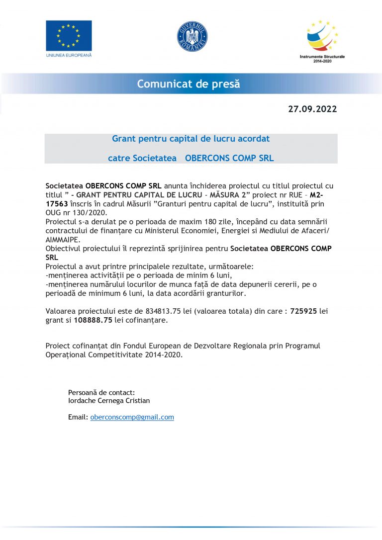 Comunicat de presă OBERCONS COMP SRL