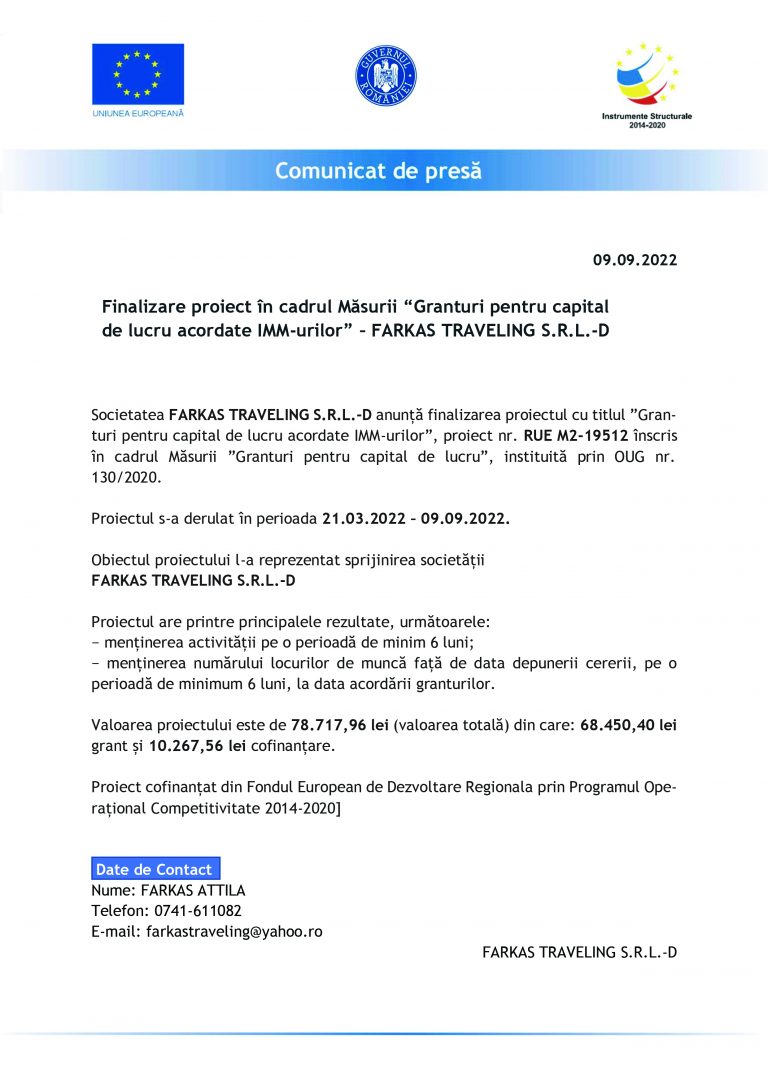 Comunicat de presă FARKAS TRAVELING S.R.L.-D