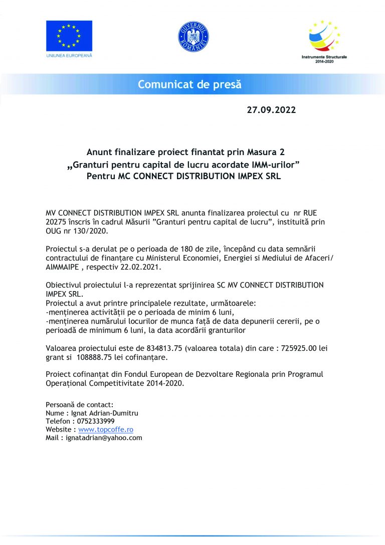 Comunicat de presă MV CONNECT DISTRIBUTION IMPEX SRL