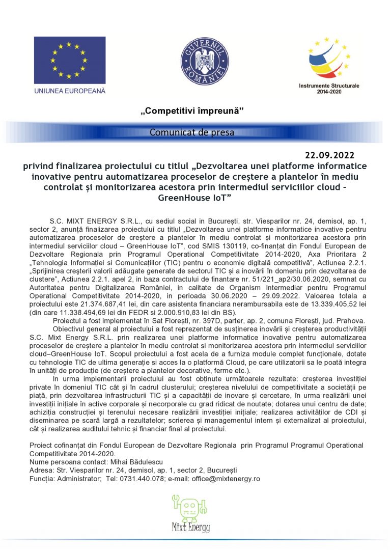 Comunicat de presă S.C. MIXT ENERGY S.R.L.