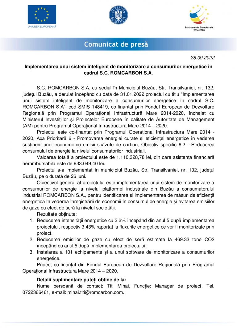Comunicat de presa S.C. ROMCARBON S.A.