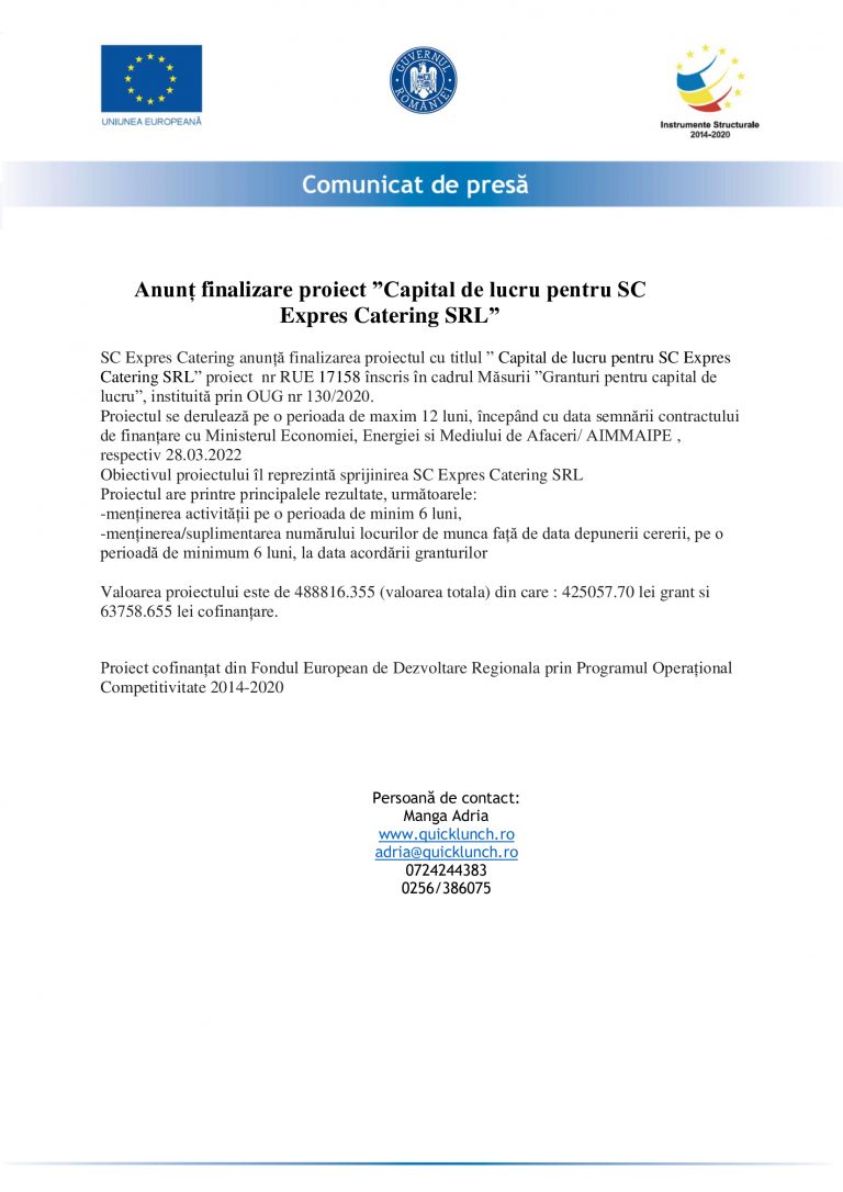 Comunicat de presa SC Expres Catering SRL