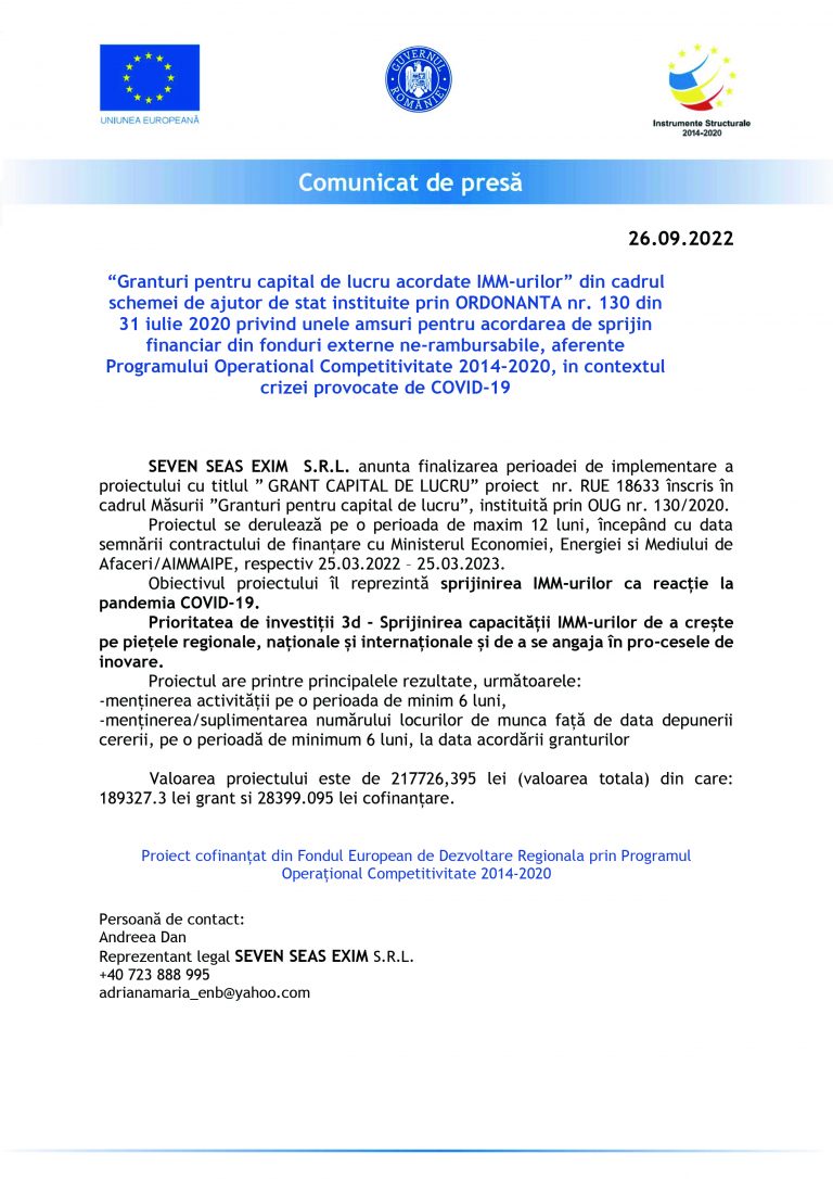 Comunicat de presă SEVEN SEAS EXIM S.R.L.