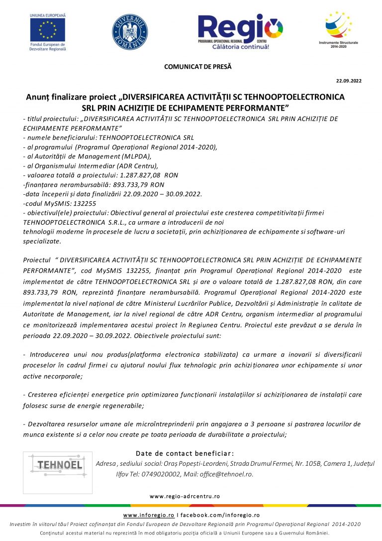 Comunicat de presa TEHNOOPTOELECTRONICA SRL