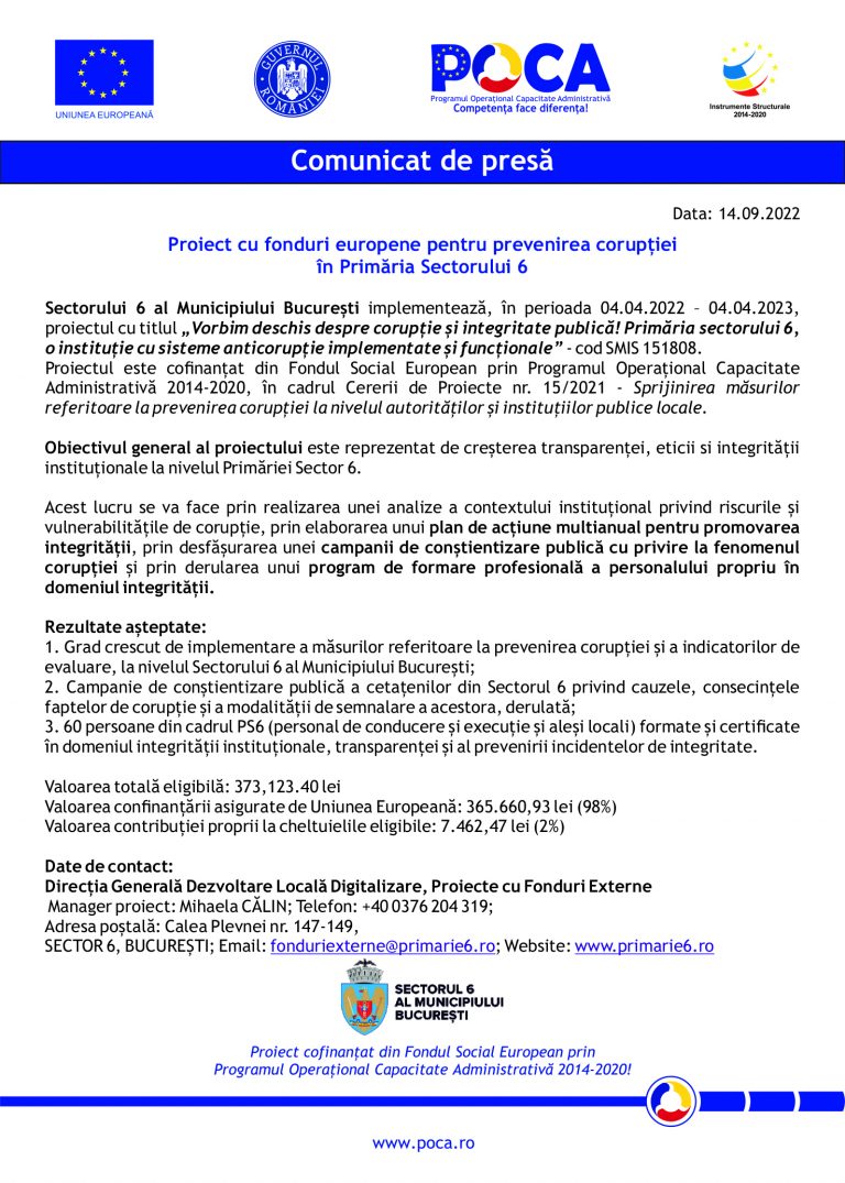 Comunicat de presă Proiect cu fonduri europene pentru prevenirea corupției în Primăria Sectorului 6