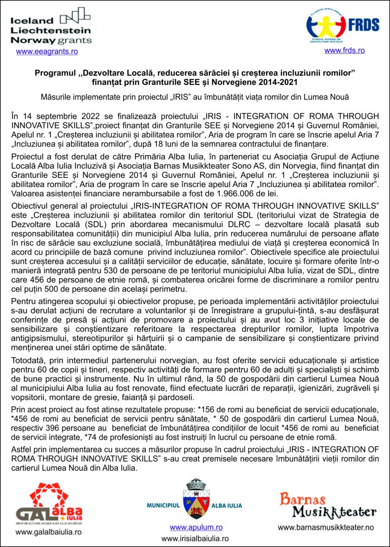Comunicat de presă Măsurile implementate prin proiectul „IRIS” au îmbunătățit viața romilor din Lumea Nouă