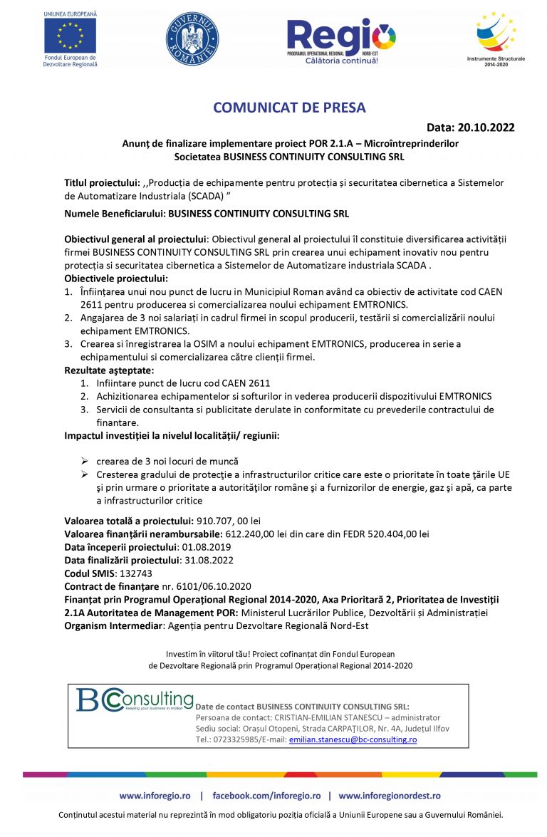 Comunicat de presă  BUSINESS CONTINUITY CONSULTING SRL