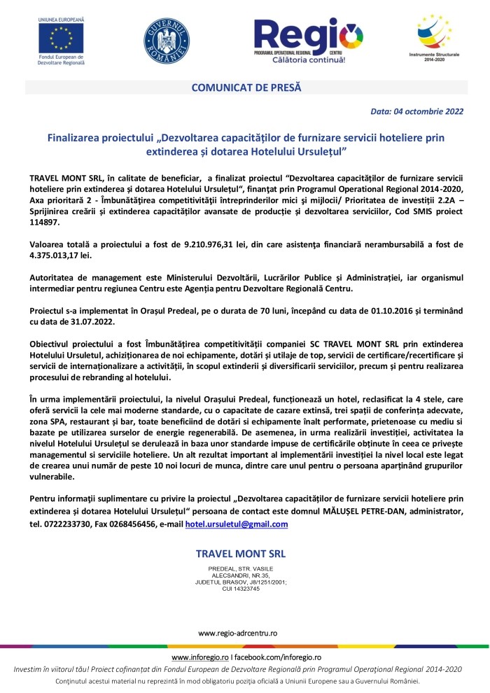 Comunicat de presă TRAVEL MONT SRL