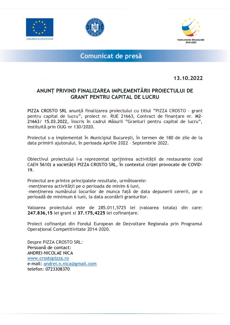 Comunicat de presă PIZZA CROSTO SRL