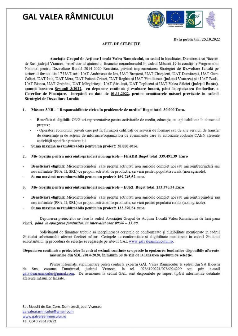 Anunț de presă Asociația Grupul de Acțiune Locală Valea Ramnicului