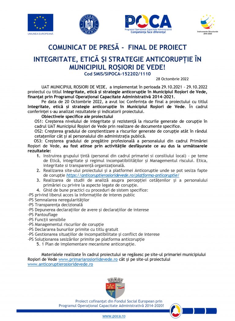 Comunicat de presă INTEGRITATE, ETICĂ ȘI STRATEGIE ANTICORUPȚIE ÎN MUNICIPIUL ROȘIORI DE VEDE