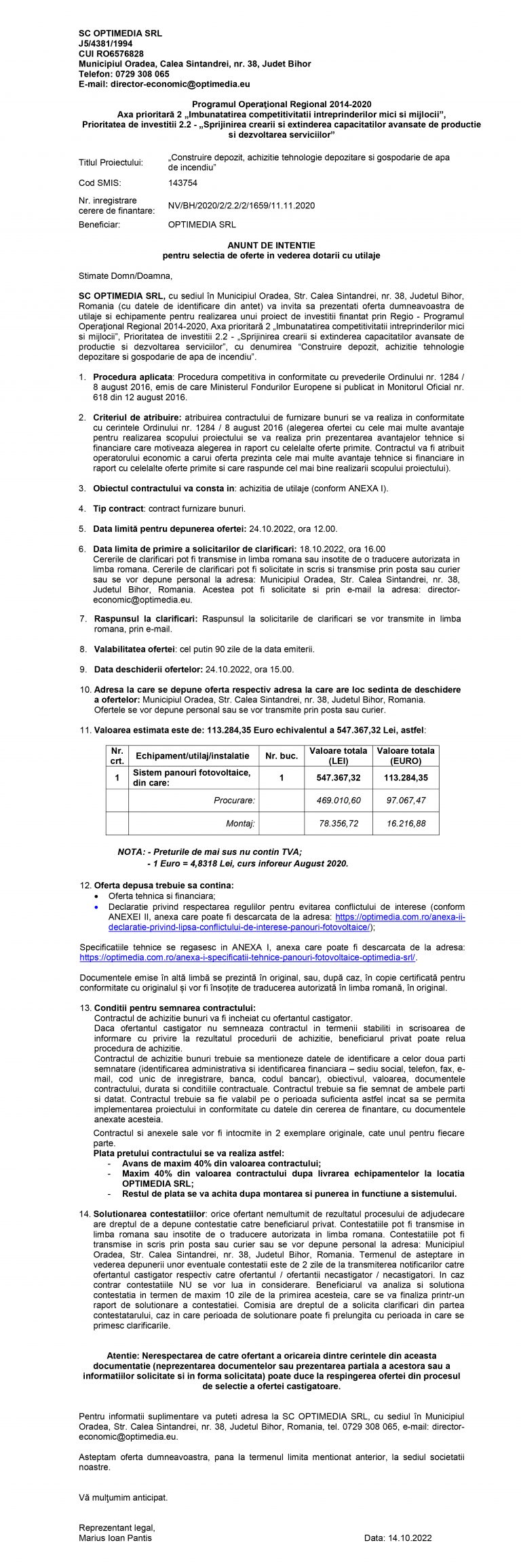 Anunț de intenție SC OPTIMEDIA SRL