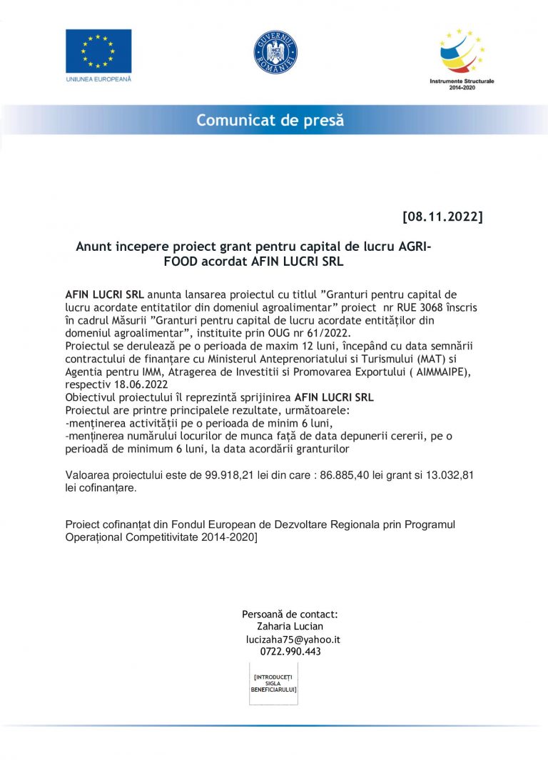 Comunicat de presă AFIN LUCRI SRL