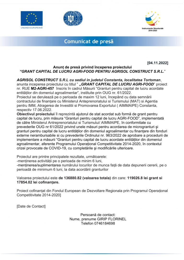 Comunicat de presă AGRISOL CONSTRUCT S.R.L.