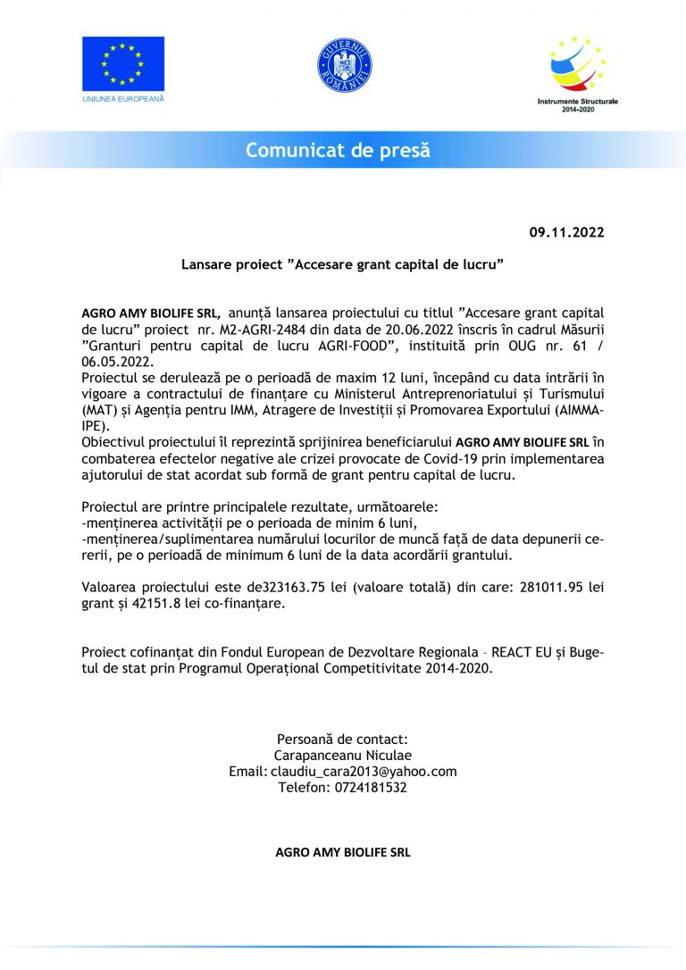 Comunicat de presă AGRO AMY BIOLIFE SRL