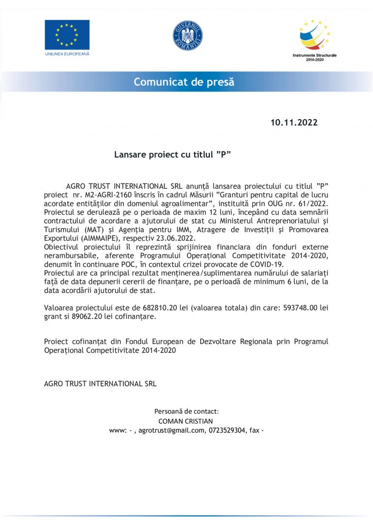 Comunicat de presă AGRO TRUST INTERNATIONAL SRL