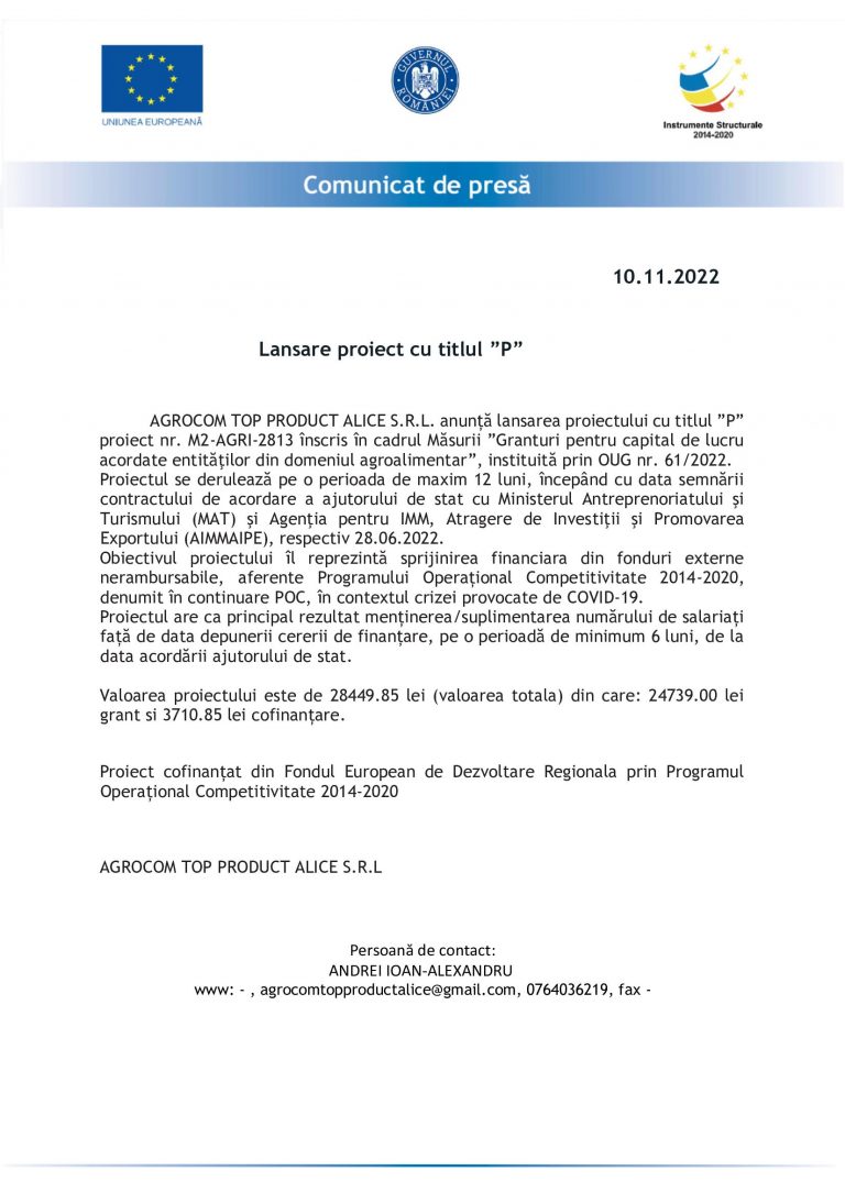 Comunicat de presă AGROCOM TOP PRODUCT ALICE S.R.L