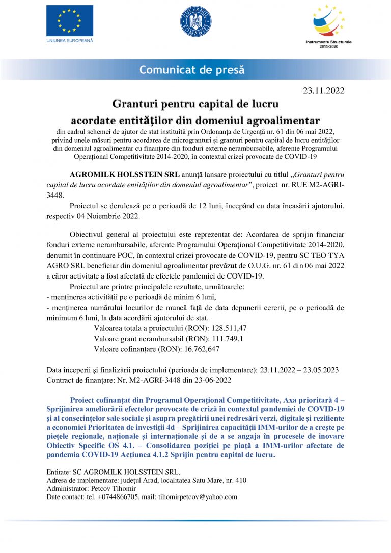 Comunicat de presă AGROMILK HOLSSTEIN SRL