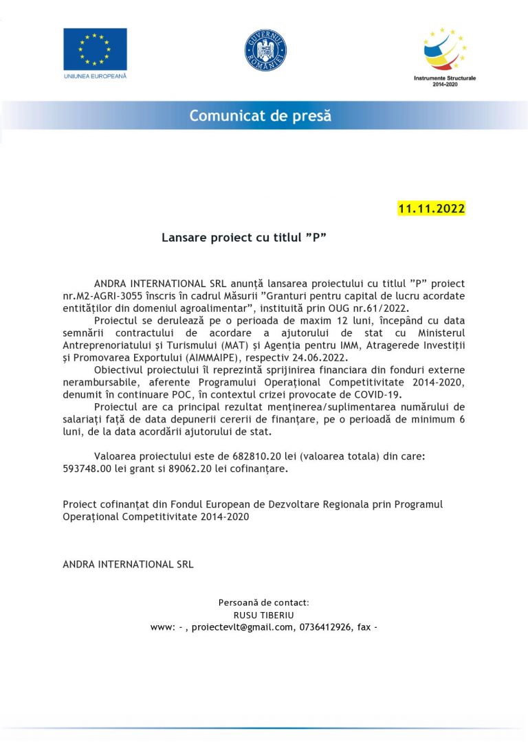 Comunicat de presă ANDRA INTERNATIONAL SRL
