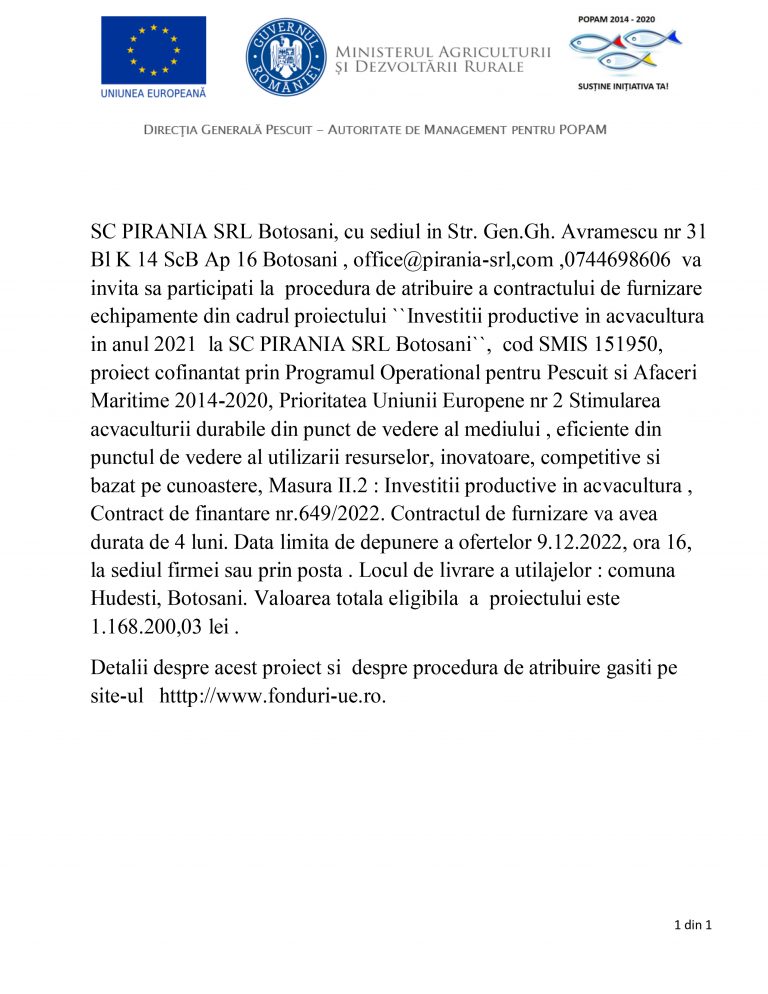 Comunicat de presă SC PIRANIA SRL