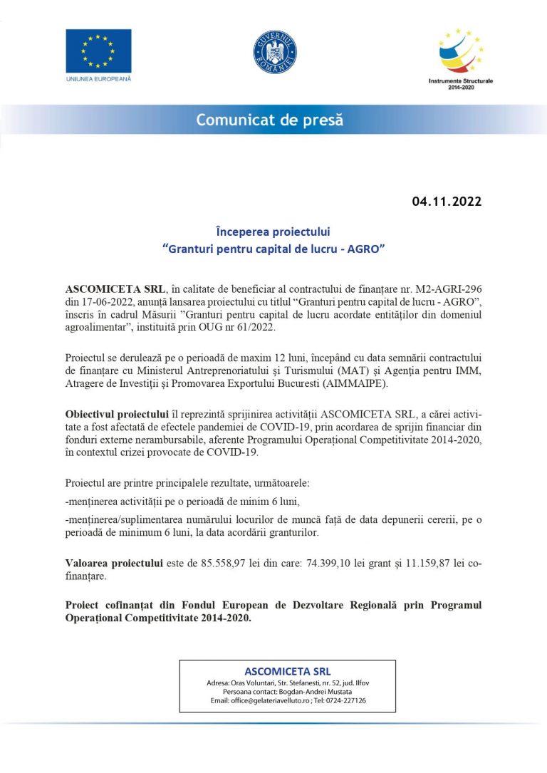 Începerea proiectului  “Granturi pentru capital de lucru – AGRO”
